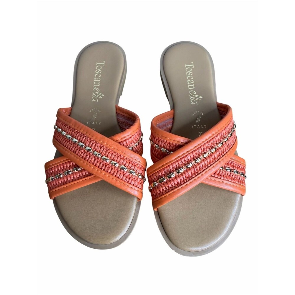 Toscanella Beaded Cross-Strap Sandals size 7M Orange Leather Flat Italy Shoes